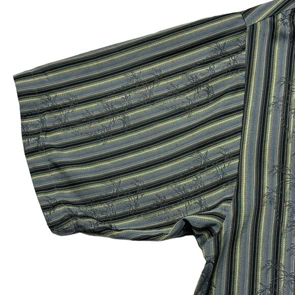 Joseph & Feiss Palm Tree Silk Button-Up Short Sleeve Men L Blue Black Striped - Picture 4 of 9